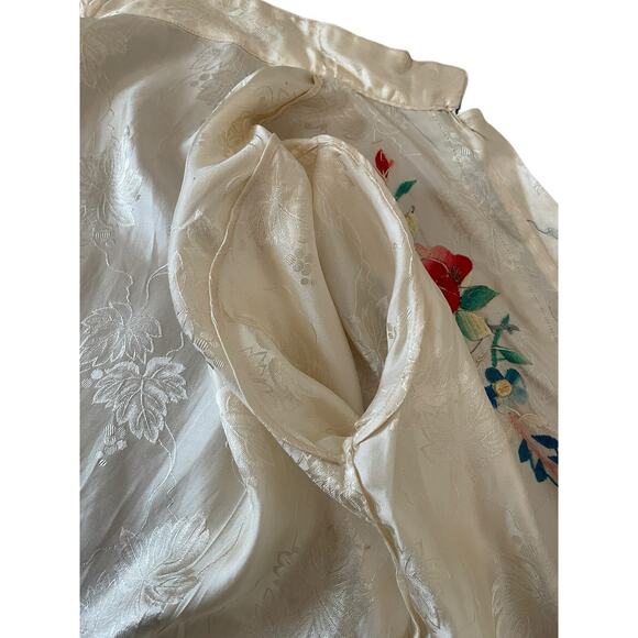 Vtg 50s Chinese Satin Embroidered Lounge Set Jacket & Pants Floral Frog Button - Picture 8 of 16
